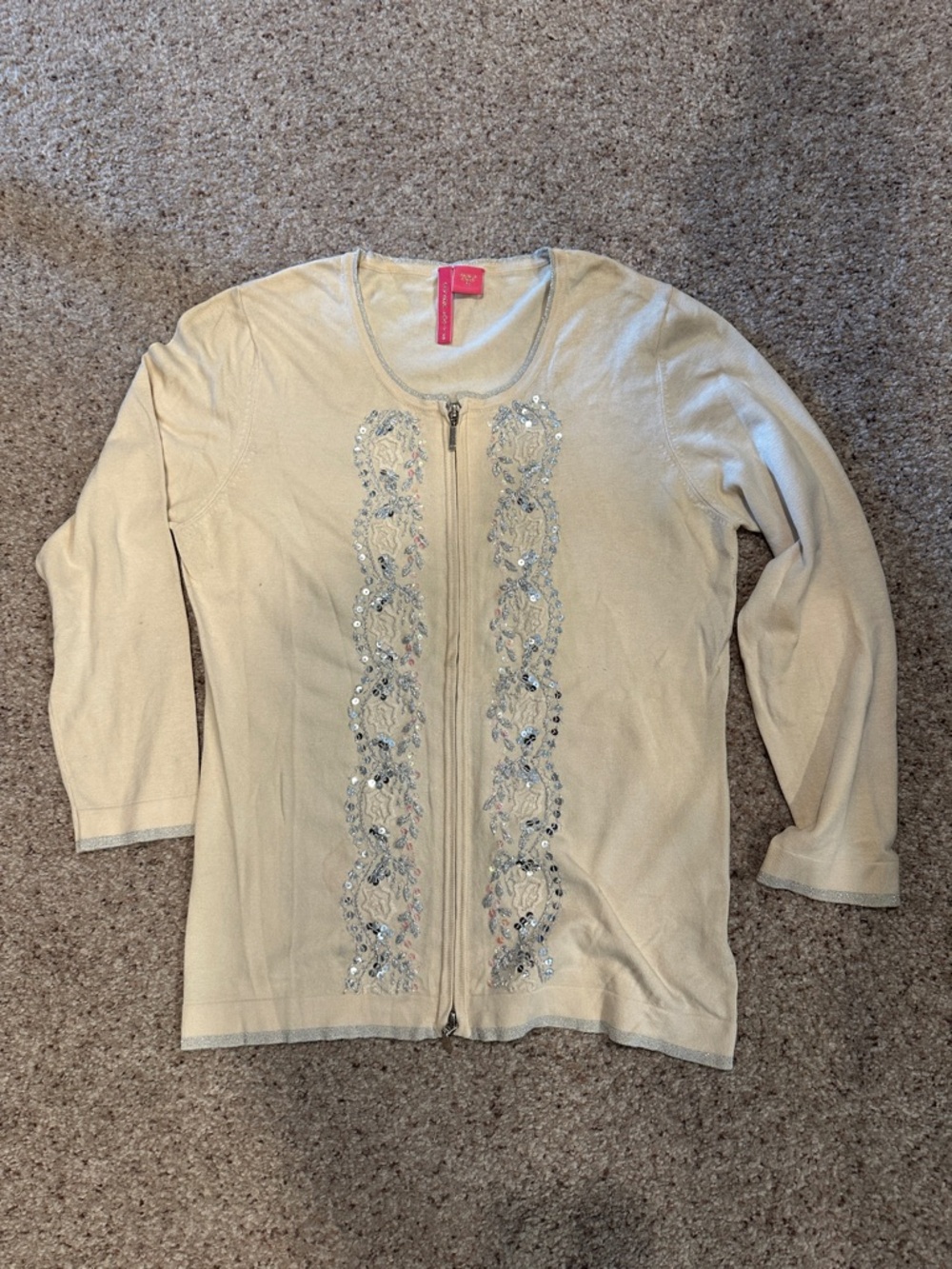 Women’s Cream Embellished Zip-Front Cardigan